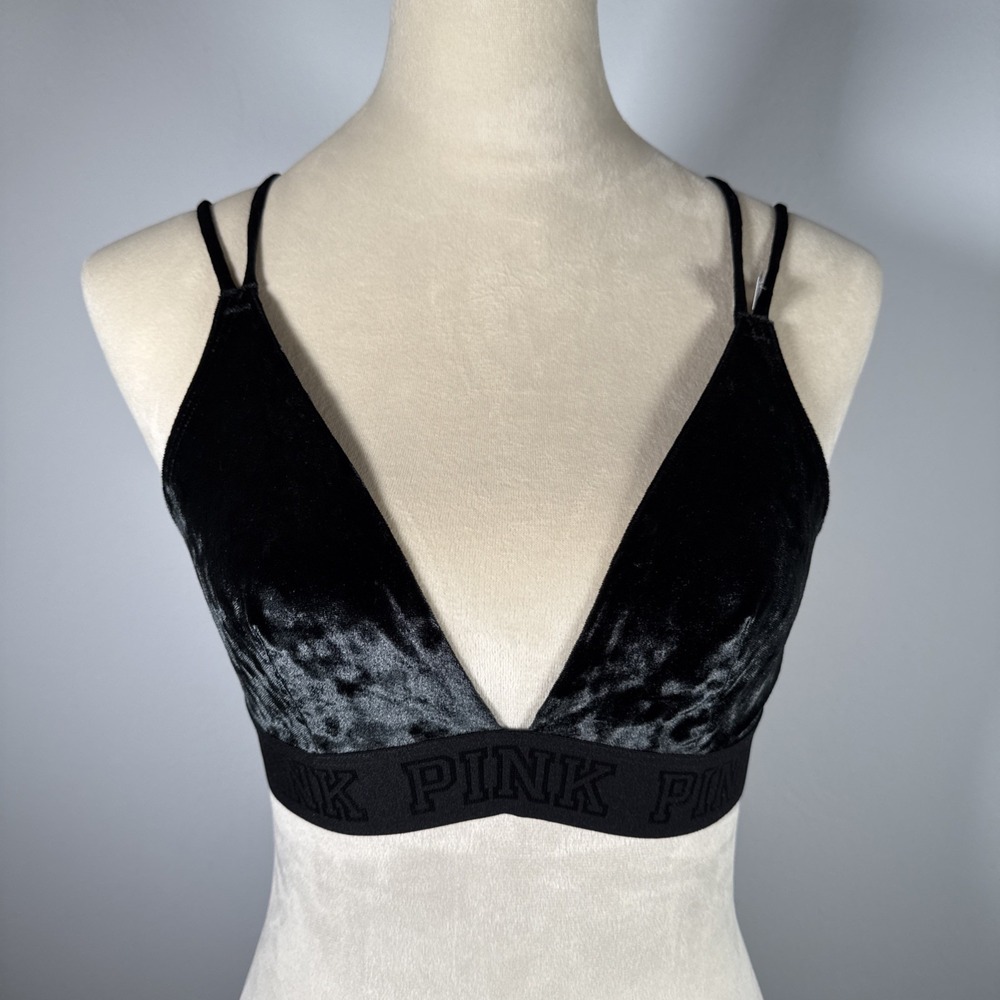 Victoria's Secret PINK Black Velvet‎ Strappy Bralette Crisscross Halter M